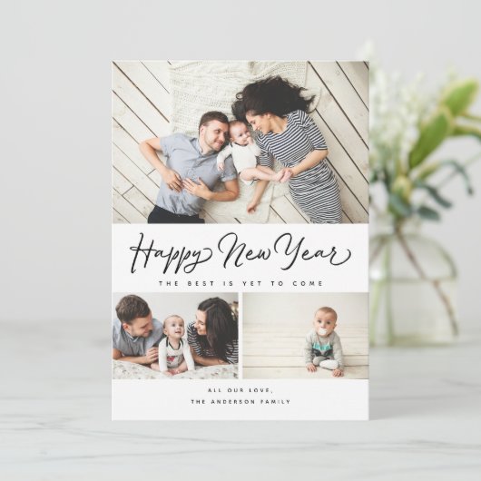 Happy New Year Script Black 3 Collage Multi Photo Feestdagenkaart (Staand voorkant)