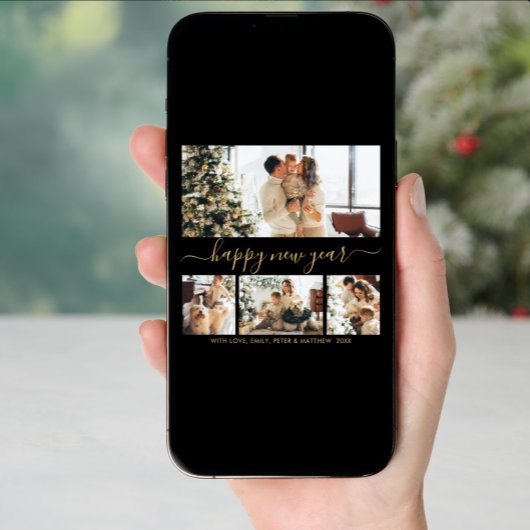 Happy New Year Script Black Gold 4 Photo Collage Feestdagenkaart