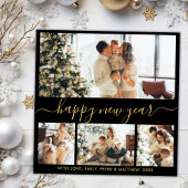 Happy New Year Script Black Gold 4 Photo Collage Feestdagenkaart