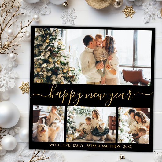 Happy New Year Script Black Gold 4 Photo Collage Feestdagenkaart
