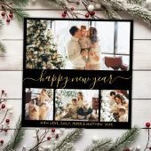 Happy New Year Script Black Gold 4 Photo Collage Feestdagenkaart