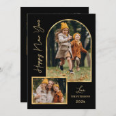 Happy New Year Script Black Gold Arch 3 Photo Feestdagenkaart (Voorkant / Achterkant)