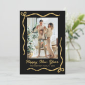 Happy New Year Script Black Gold Gold Bow 2 Photo Feestdagenkaart (Staand voorkant)