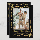 Happy New Year Script Black Gold Gold Bow 2 Photo Feestdagenkaart (Voorkant / Achterkant)