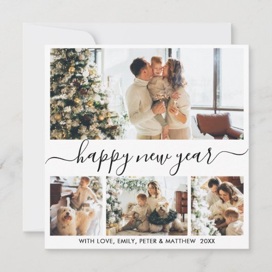 Happy New Year Script Black White 4 Photo Collage Feestdagenkaart (Voorkant)