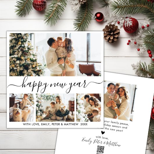 Happy New Year Script Black White 4 Photo Collage Feestdagenkaart