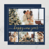Happy New Year Script Blue Gold 4 Photo Collage Feestdagenkaart (Voorkant / Achterkant)