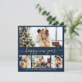 Happy New Year Script Blue Gold 4 Photo Collage Feestdagenkaart (Staand voorkant)