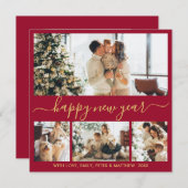 Happy New Year Script Burgundy 4 Photo Collage Feestdagenkaart (Voorkant / Achterkant)