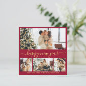 Happy New Year Script Burgundy 4 Photo Collage Feestdagenkaart (Staand voorkant)