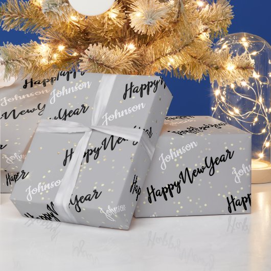 Happy New Year Script Custom Name Grey Gold Cadeaupapier (Feestdagen)