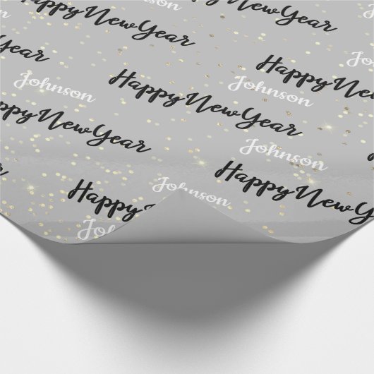 Happy New Year Script Custom Name Grey Gold Cadeaupapier (Hoek)