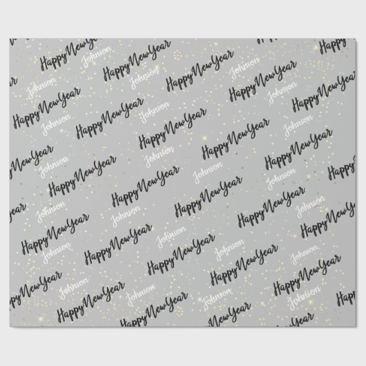 Happy New Year Script Custom Name Grey Gold Cadeaupapier (Vlak)
