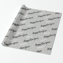 Happy New Year Script Custom Name Grey Gold Cadeaupapier