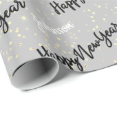 Happy New Year Script Custom Name Grey Gold Cadeaupapier (Rol Hoek)