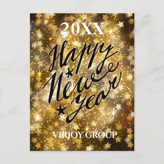 Happy New Year Script Festive Gold Stars Business Briefkaart (Voorkant)
