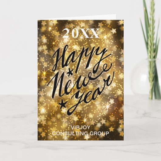 Happy New Year Script Festive Gold Stars Business Feestdagen Kaart (Voorkant)