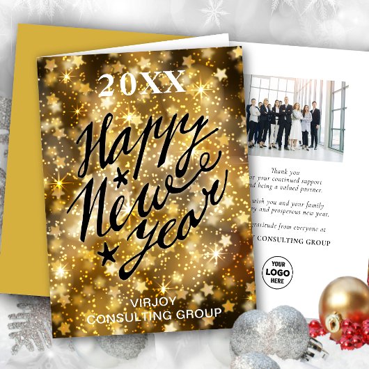 Happy New Year Script Festive Gold Stars Business Feestdagen Kaart