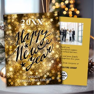 Happy New Year Script Festive Gold Stars Business Feestdagenkaart