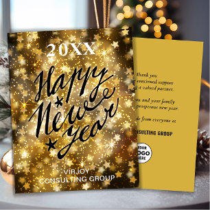 Happy New Year Script Festive Gold Stars Business Feestdagenkaart