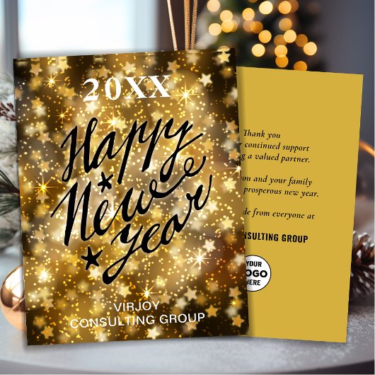 Happy New Year Script Festive Gold Stars Business Feestdagenkaart