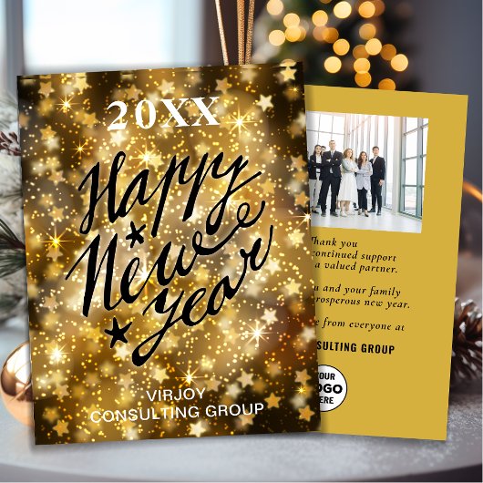 Happy New Year Script Festive Gold Stars Business Feestdagenkaart