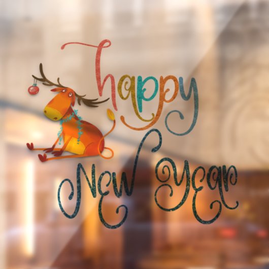 Happy New Year Script Funny Reindeer Raamsticker (Vel 2)