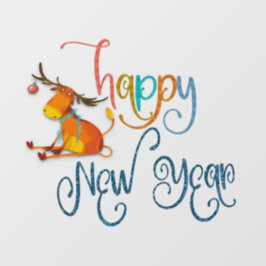 Happy New Year Script Funny Reindeer Raamsticker