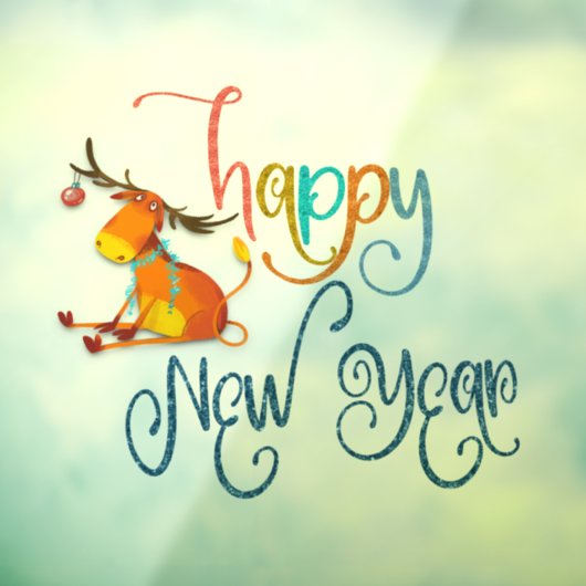 Happy New Year Script Funny Reindeer Raamsticker (Vel 3)