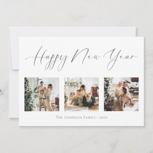Happy New Year Script Gray 2 Multi Photo Collage Feestdagenkaart (Voorkant)