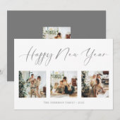 Happy New Year Script Gray 2 Multi Photo Collage Feestdagenkaart (Voorkant / Achterkant)