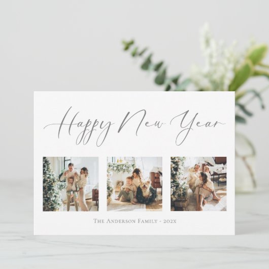 Happy New Year Script Gray 2 Multi Photo Collage Feestdagenkaart (Staand voorkant)