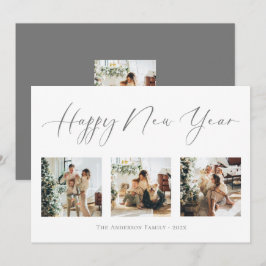 Happy New Year Script Gray 2 Multi Photo Collage Feestdagenkaart