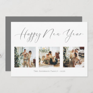 Happy New Year Script Gray 2 Multi Photo Collage Feestdagenkaart