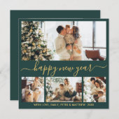 Happy New Year Script Green Gold 4 Photo Collage Feestdagenkaart (Voorkant / Achterkant)