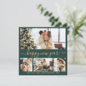 Happy New Year Script Green Gold 4 Photo Collage Feestdagenkaart (Staand voorkant)