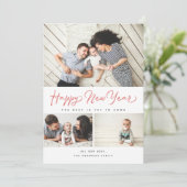 Happy New Year Script Red 3 Collage Multi-Photo Feestdagenkaart (Staand voorkant)