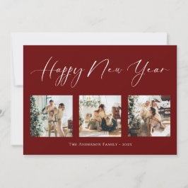 Happy New Year Script Red Multi Photo Collage Holi Feestdagenkaart