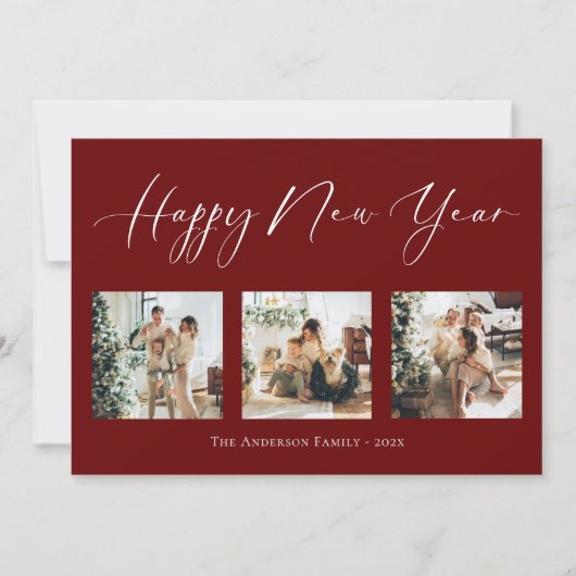 Happy New Year Script Red Multi Photo Collage Holi Feestdagenkaart (Voorkant)