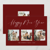 Happy New Year Script Red Multi Photo Collage Holi Feestdagenkaart (Voorkant / Achterkant)