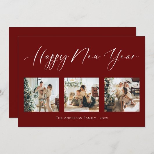 Happy New Year Script Red Multi Photo Collage Holi Feestdagenkaart (Voorkant / Achterkant)