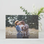 Happy New Year Script Sneeuwfoto Feestdagenkaart (Staand voorkant)