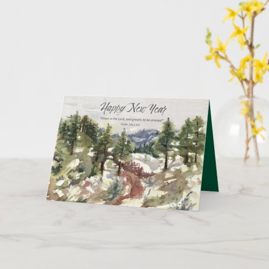 Happy New Year Scripture Psalm 145 Winter Desert Kaart (Gele Bloem)