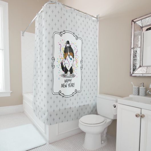 Happy New Year Shetland Sheepdog (drie kleuren) Cu Douchegordijn (In situ)