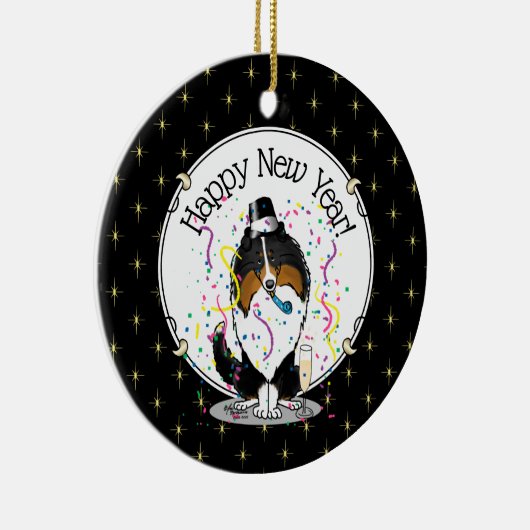 Happy New Year Shetland Sheepdog (drie kleuren) Cu Keramisch Ornament (Rechts)