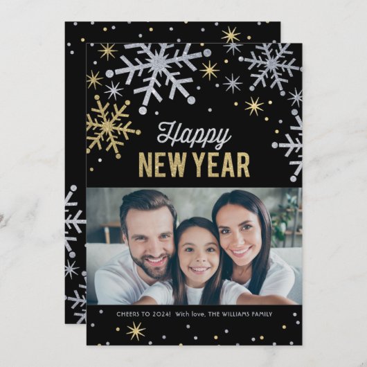 Happy New Year Silver en Gold Sparkle Photo Feestdagenkaart (Voorkant / Achterkant)