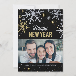 Happy New Year Silver en Gold Sparkle Photo Feestdagenkaart