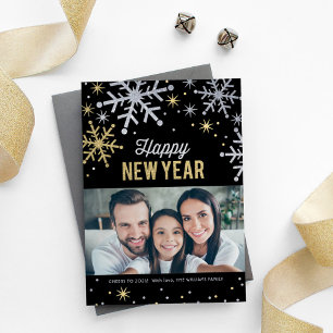 Happy New Year Silver en Gold Sparkle Photo Feestdagenkaart
