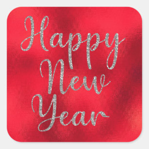 Happy New Year Silver Glitter op Red Metallic Vierkante Sticker