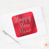Happy New Year Silver Glitter op Red Metallic Vierkante Sticker (Envelop)